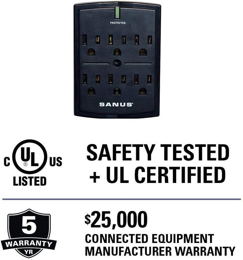 Sanus On-Wall Low Profile 1080J Fireproof Surge Protector with 6 AC Outlets & 3 Lines of Protection - Includes Power Signal Filtering Black - Image 5
